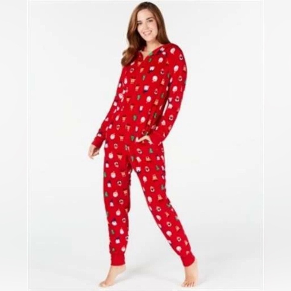 Christmas  Pajamas Womens Santa Friends Red Fleece Pajama Zip Up Hooded XL